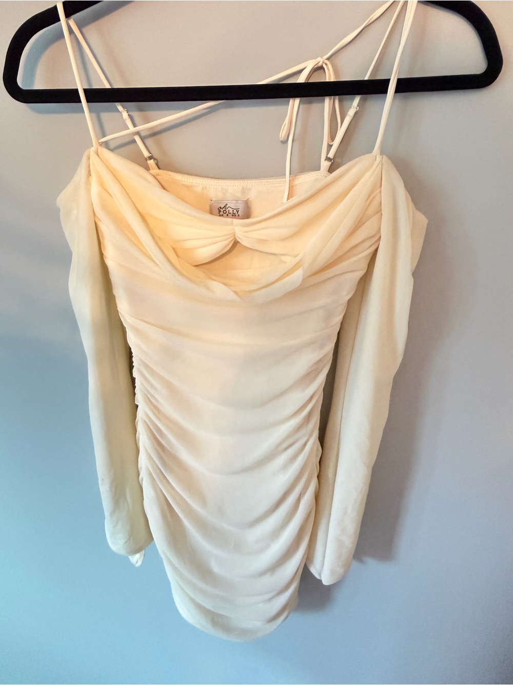 Oh Polly Cream Off-Shoulder Ruched Mini Tunic